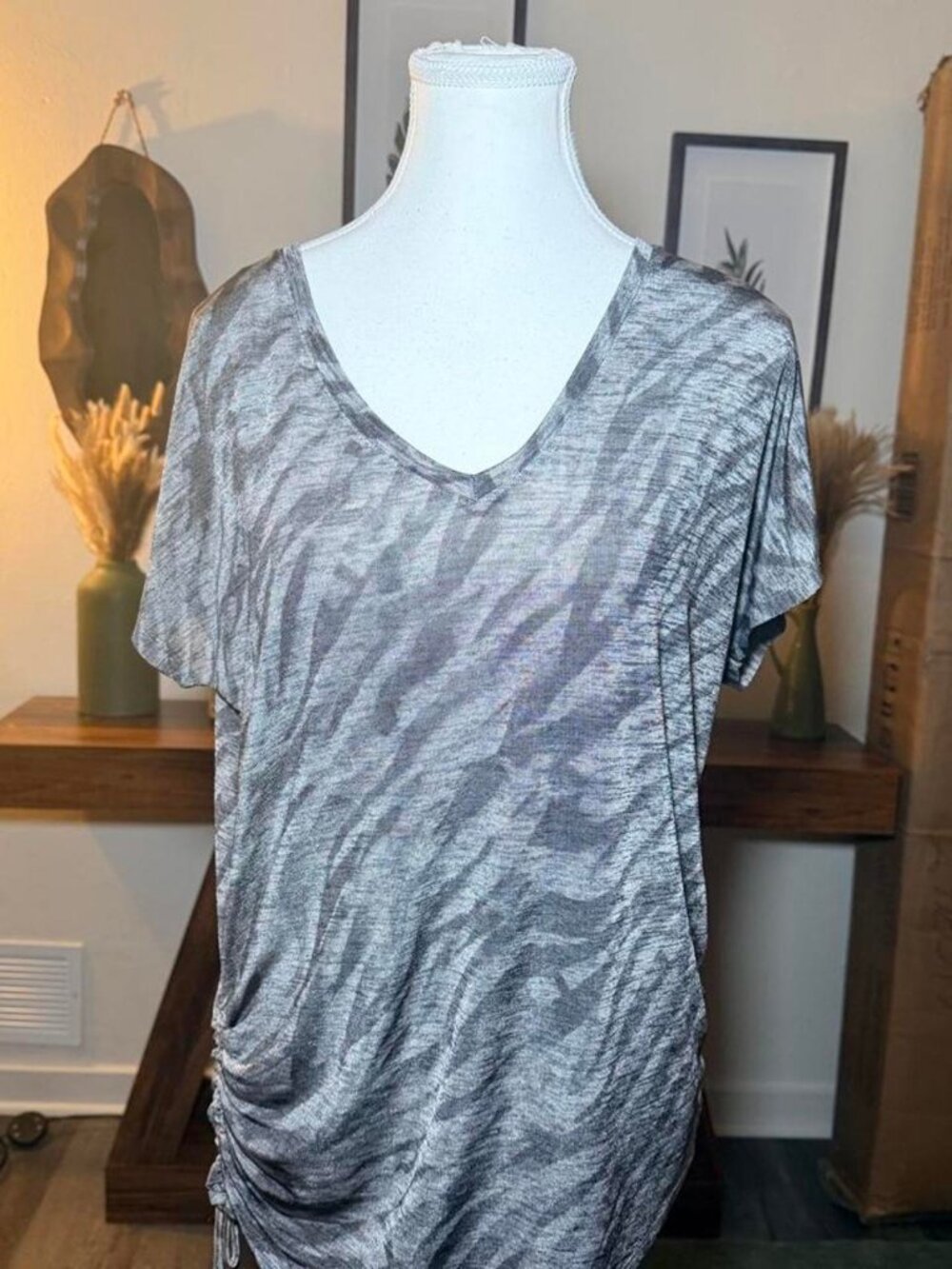 Simply Vera Wang Zebra Print Ruched Top Sheer Gray Small